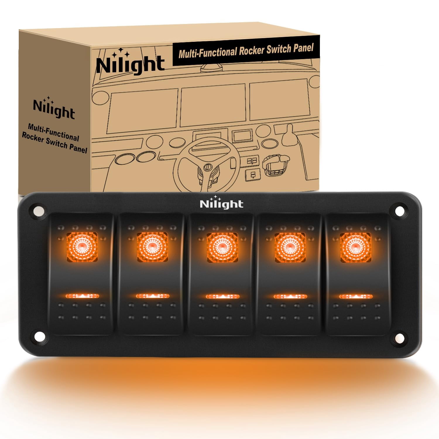 Nilight 5 Gang Rocker Switch Panel with Orange LED Light 5 Pin On Off ...
