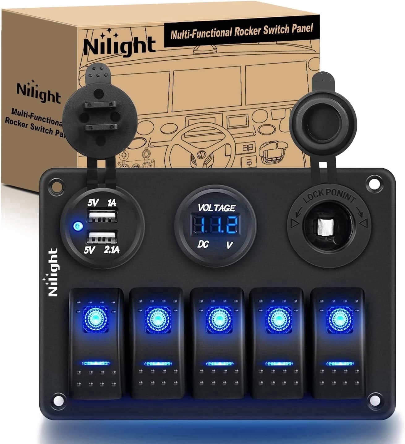 Nilight - 5 Gang Rocker Switch Panel Pre-Wired Aluminum Switch Panel with Dual USB Cigarette Lighter Socket Voltmeter12V-24V DC Switch Panel with Night Glow Stickers for Cars Rvs Trucks