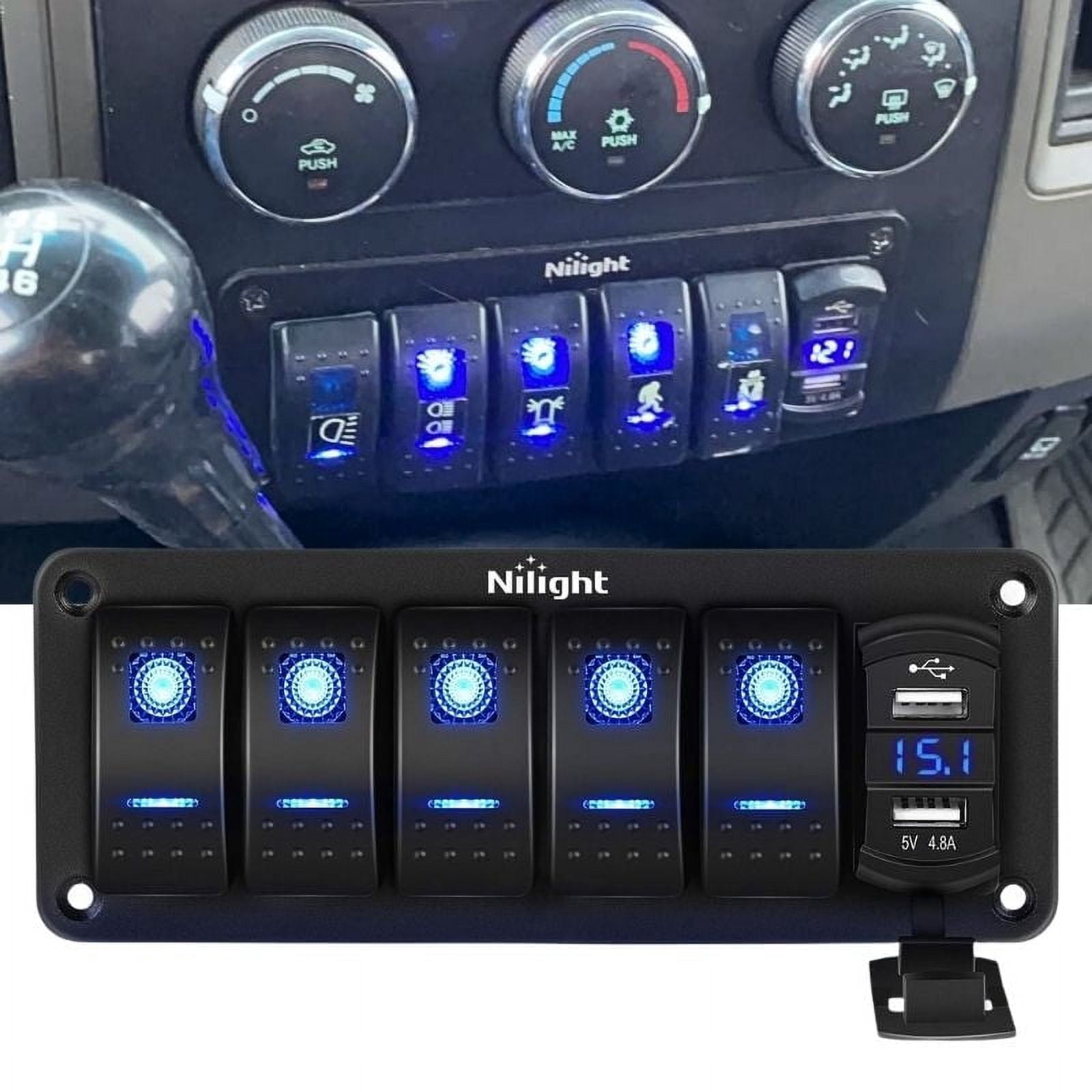 5 Way Rocker Switch Nilight 5 Gang Aluminum Rocker Switch Panel with 4.8A Dual USB Charger ...