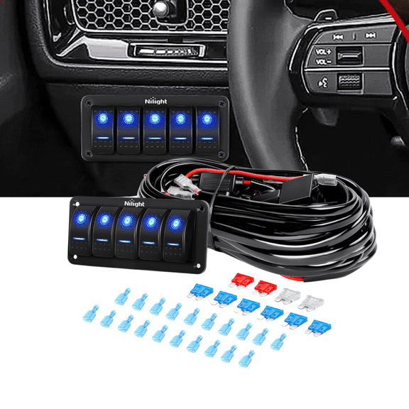 Nilight 5 Gang Rocker Switch Panel Wiring Harness Kit 12V 10 Leads with 16AWG 14AWG 12AWG Wires Relay Fuse for LED Light Bar Truck ATV Boat