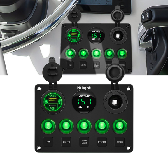 Nilight 5 Gang Waterproof Switch Panel with PD Type-C & USB Charger, Digital Voltmeter & 12V Outlet, Pre-Wired 12V/24V Aluminum Rocker Control Panel for RV Boat Truck Trailer (Green)