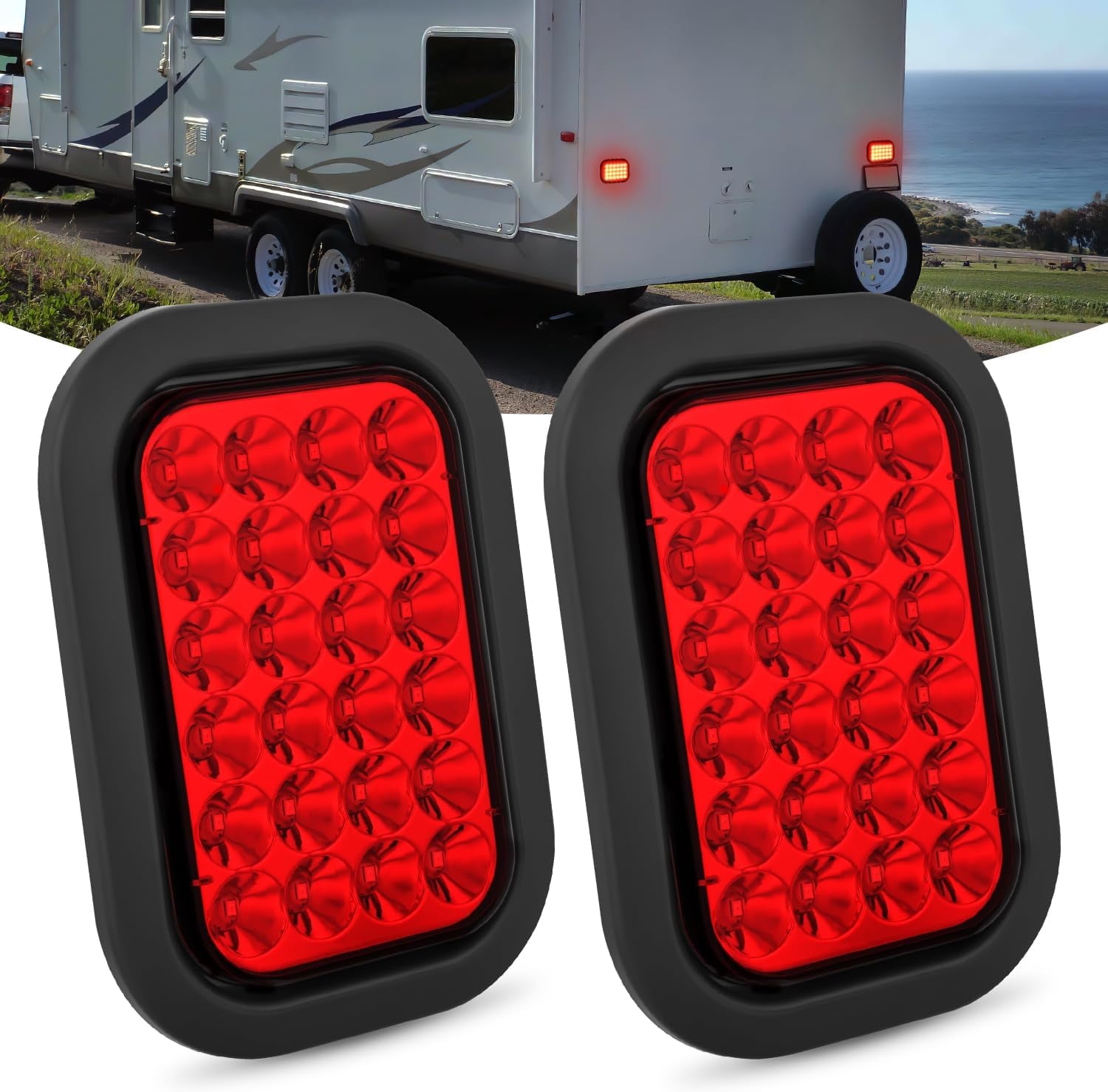 Nilight 5 X 3 Rectangular Trailer Tail Light 2 Pcs Red 24 Led Stop Brake Turn Marker Light w/Flush Mount Grommets Plugs IP67 Waterproof for 12V Truck ATV UTV Trailer Bus RV Camper