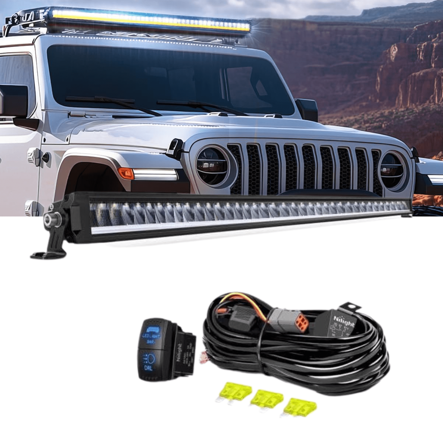 Nilight 50.5" Slim LED Light Bar with Amber DRL, 210W Single Row Anti-Glare Spot Flood Combo Offroad Driving Light, IP68 with 12AWG DT Wiring Kit for Pickup Truck SUV ATV UTV Boat 4x4