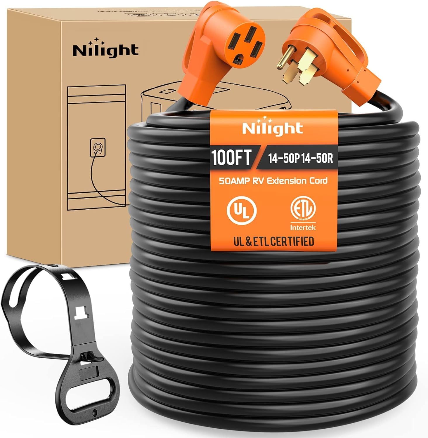 Nilight 50 Amp 100FT RV EV Extension Cord 250V Heavy Duty 6/3+8/1 Gauge  Pure Copper STW Wire UL ETL Listed 4 Prong 14-50P 14-50R 50F/50M Cable Suit 