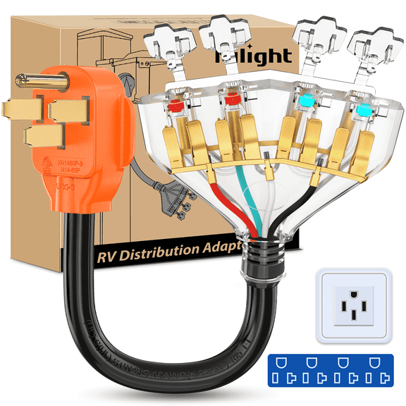 Nilight 50 Amp to 110V RV Adapter Cord 50 Amp to 20A RV Distribution Adapter Cord 4 Prong 14-50P Male to 4X 5-15R/5-20R Female ETL Listed for RV Camper Generator Household Outlet
