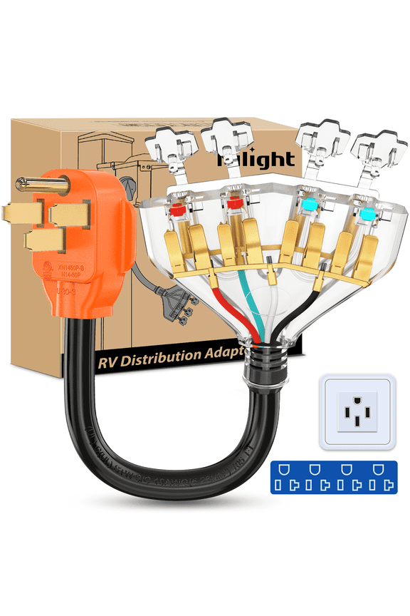 50 Amp to 110V RV Adapter Cord 50 Amp to 20A RV Distribution Adapter Cord 4 Prong 14-50P Male to 4X 5-15R/5-20R Female ETL Listed for RV Camper Generator Household Outlet