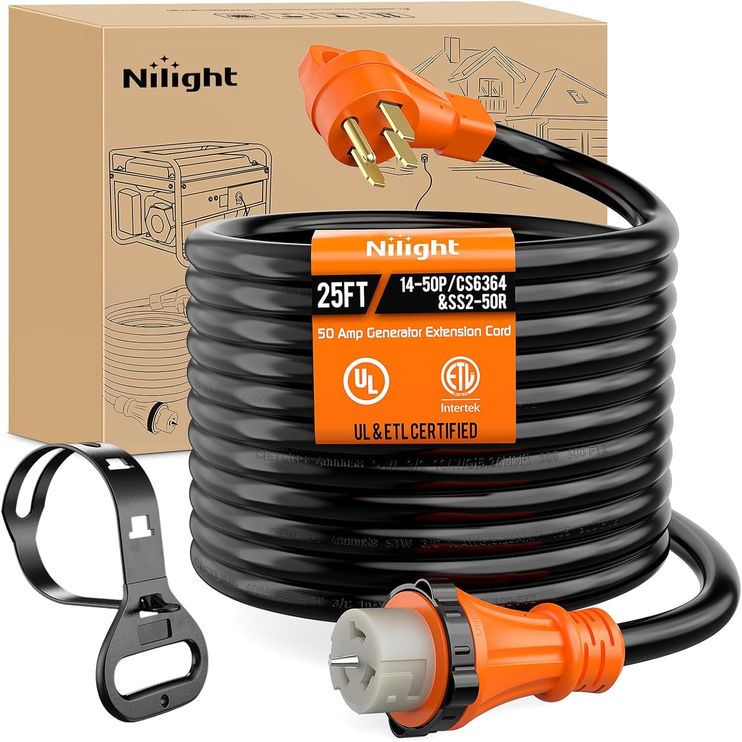 Nilight 50 Amp 25FT Generator Extension Cord 250V 12500Watt Heavy Duty 6/3+8/1 Gauge Pure Copper STW Wire UL Listed 4 Prong 14-50P SS2-50R&CS6364 Twist Lock for RV Camper Outdoor Use
