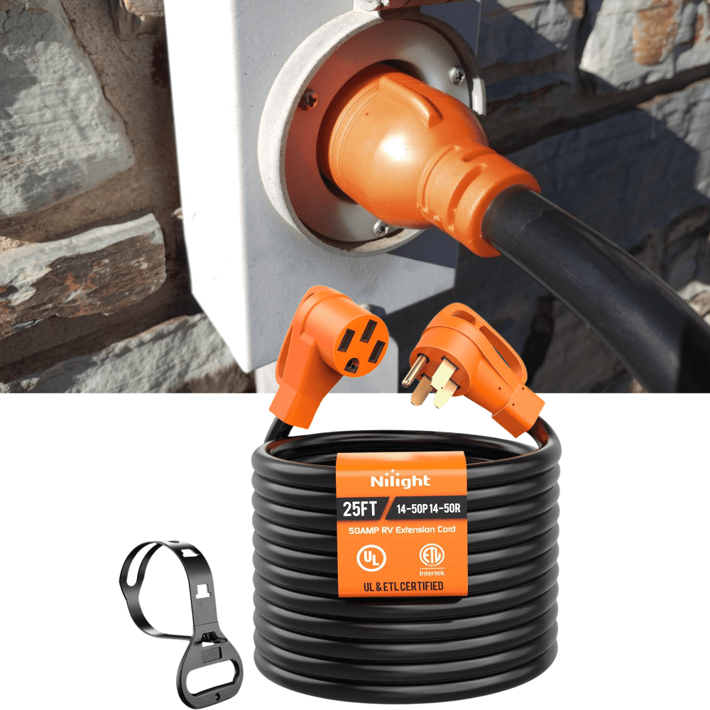 50 Amp 25ft RV Extension Cord – Heavy Duty 6/3+8/1 SJTW, NEMA 14-50P To SS2-50R, Twist Lock Grip, LED Indicator, ETL Approved