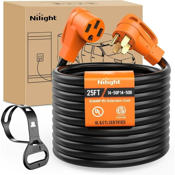 Nilight 50 Amp 25FT RV EV Extension Cord 250V Heavy Duty 6/3+8/1 Gauge Pure Copper STW Wire UL ETL Listed 4 Prong 14-50P 14-50R 50F/50M Cable Suit for EV Charging RV Trailer Campers, 2 Years Warranty