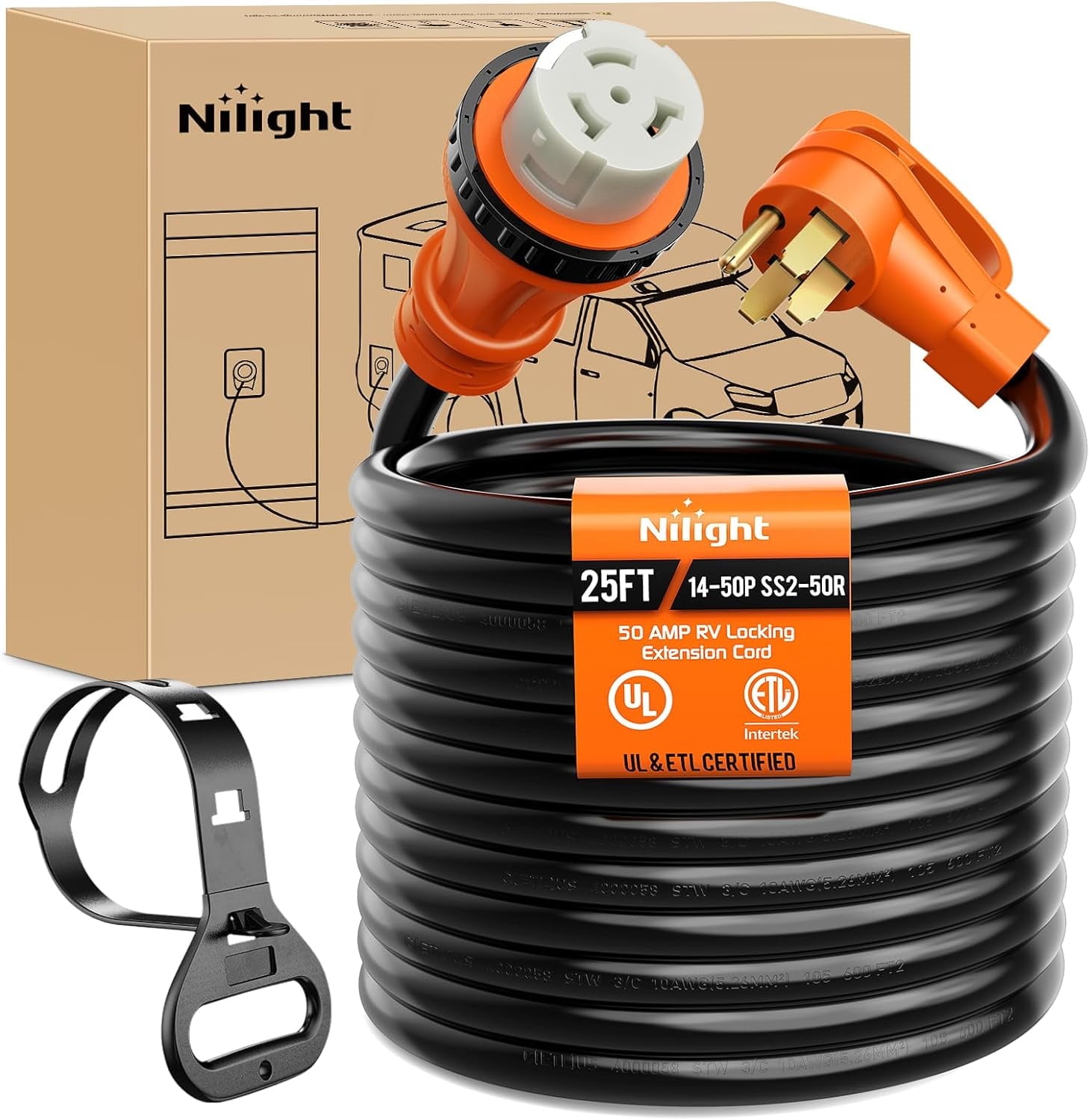 Nilight 50 Amp 25FT RV Locking Extension Cord 250V Heavy Duty 6/3+8/1 Gauge Pure Copper STW Wire ETL Listed 4 Prong 14-50P SS2-50R 50F/50M Cable Suit for RV Trailer Campers Caravan