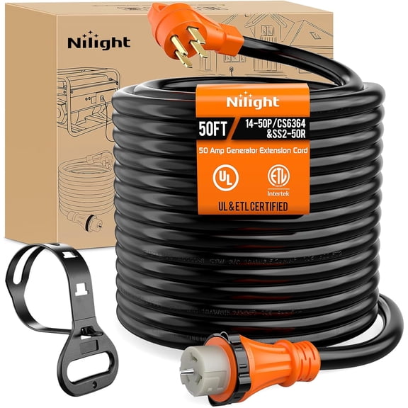 Nilight 50 Amp 50FT Generator Extension Cord 250V Heavy Duty 6/3+8/1 Gauge Pure Copper STW Wire ETL Listed 4 Prong 14-50P SS2-50R&CS6364 50F/50M Cable Suit for Generator RV Home Use