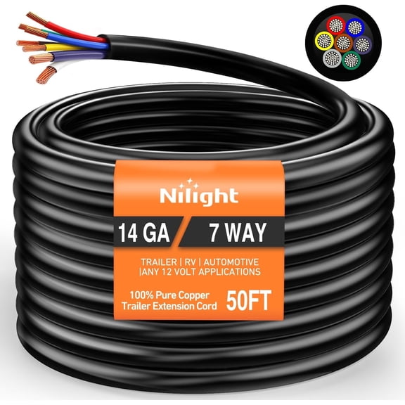 Nilight 50 Feet 7 Way Trailer Extension Cable Traditional SAE 14 Gauge 7 Conductor 100% Pure Copper Wire Insulated Heavy Duty Cord Weatherproof for 7 Pin Blade RV Automotive