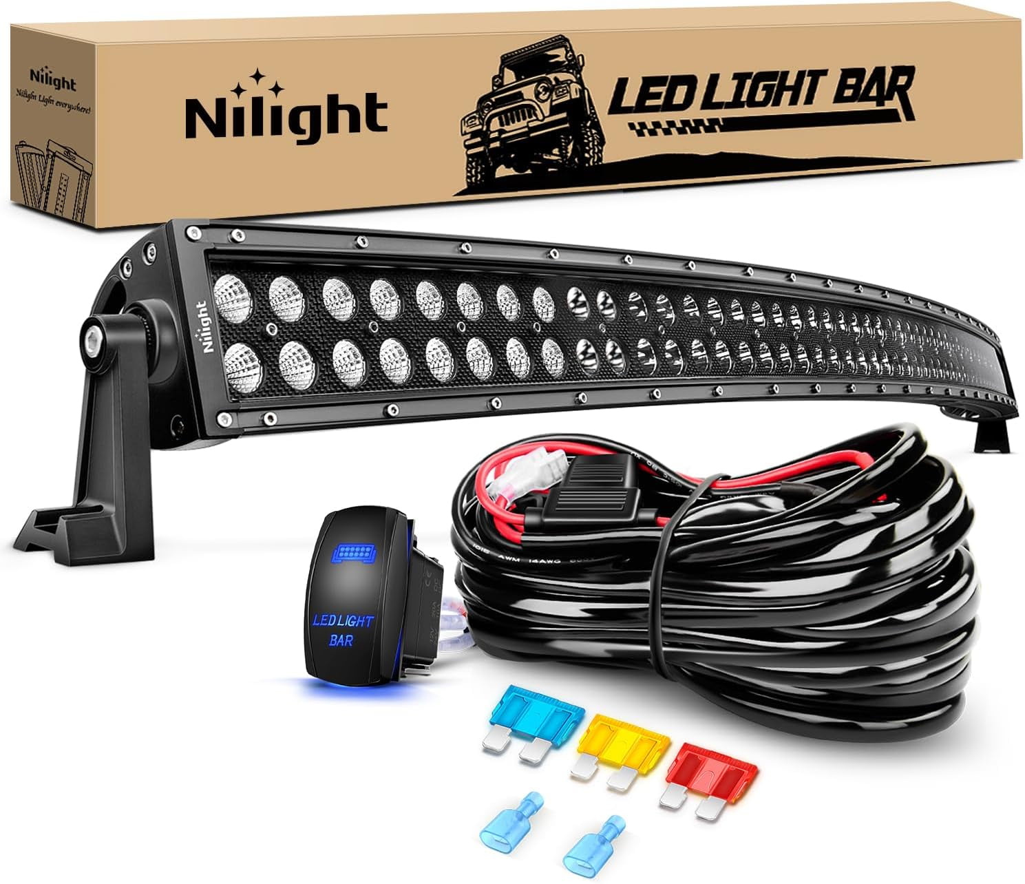 Nilight 50" 288W Curved Spot Flood Combo Bar LED Off Road Driving Light and 1PC 14AWG 12V 5Pin Rocker Switch Wiring Harness Kit-1 Lead