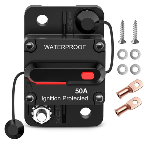 50 Amp Circuit Breaker with Manual Reset for Car Audio/RV Solar/Boat Trolling Motor/Truck Inverter/Marine Amplifier, DC 12V- 48V Circuit Protector, Waterproof Surface-Mount Fuses