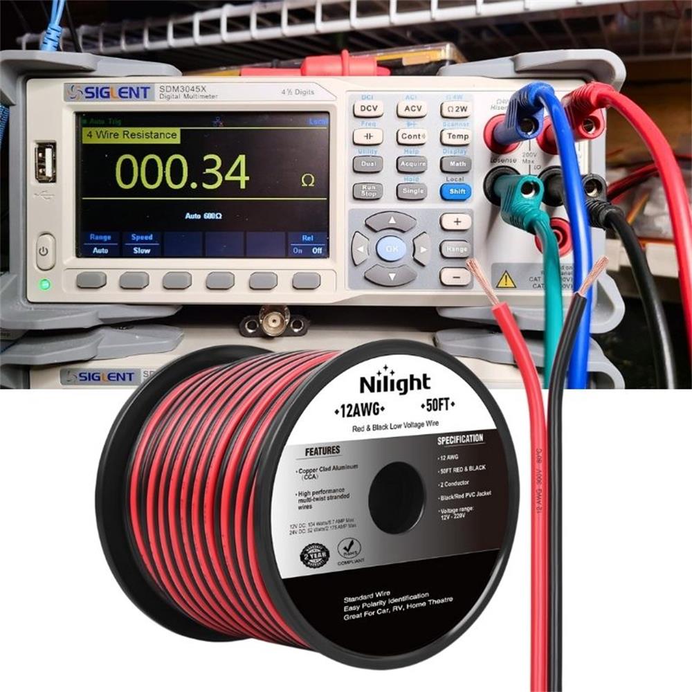Nilight 50FT 12AWG Copper Clad Aluminum Wire 12/2 Gauge Red Black CCA Electrical Cable 2 Conductor Parallel 12V/24V DC Flexible Extension Cords for Car Audio Radio Speaker Amplifier