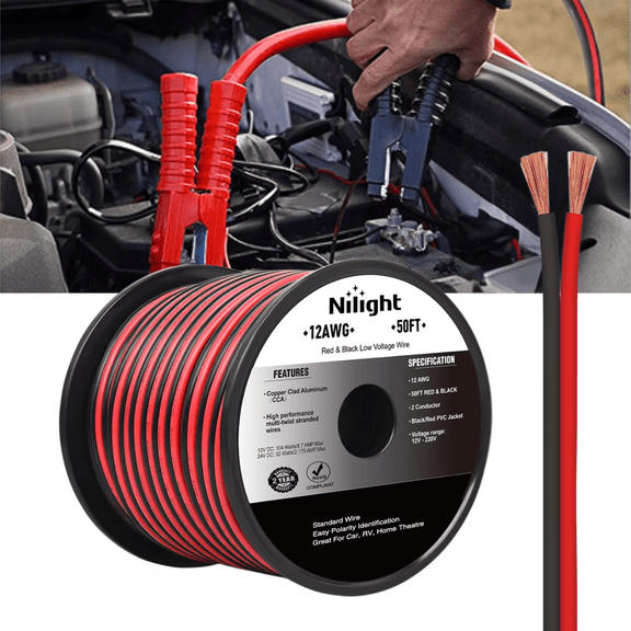 Nilight 50FT 12AWG Copper Clad Aluminum Wire, 12/2 Gauge, Red/Black, 12V/24V DC Extension Cable for Car Audio