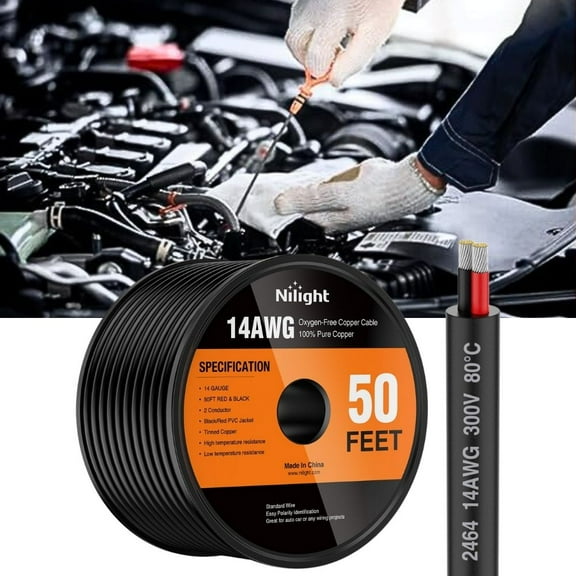 Nilight 50FT 14AWG Oxygen-Free Copper Wire Red Black Electrical Wire Stranded PVC Cord 2 Conductor Parallel 300V DC Flexible Extension Cords for Led Strips Lamps Lighting
