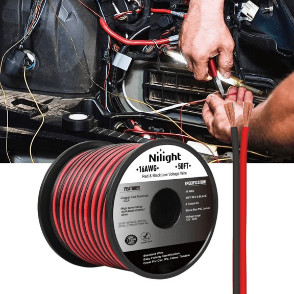 Nilight 50FT 16AWG Copper Clad Aluminum Wire 16/2 Gauge Red Black CCA Electrical Cable 2 Conductor Parallel 12V/24V DC Flexible Extension Cords for Car Audio Radio Speaker