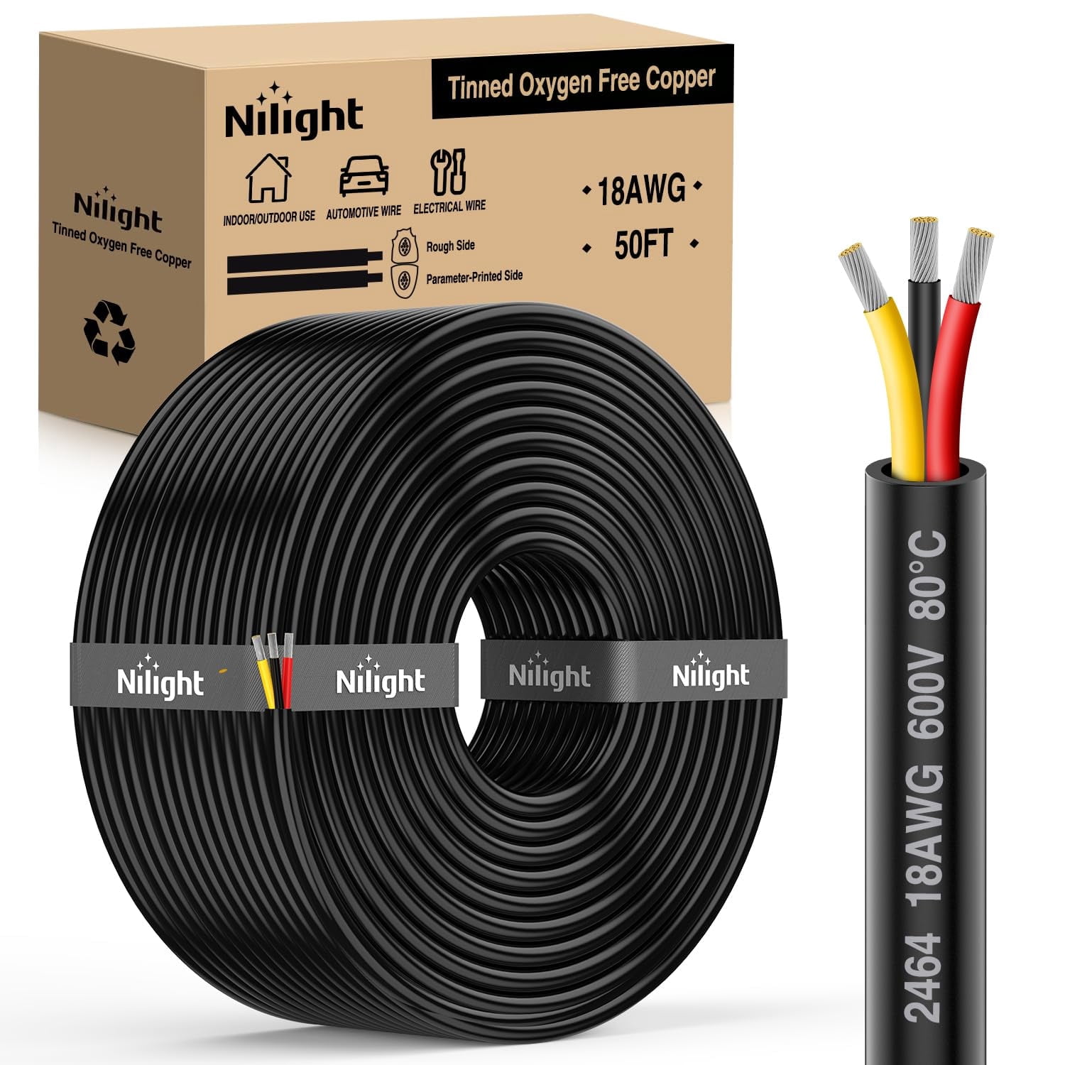 Nilight 50FT 18 Gauge 3 Conductor Electrical Wire Tinned Oxygen Free Copper Red Black Yellow 3 Wires Parallel 600V DC Flexible PVC Case Extension Cords for LED Strips Lamps Lighting