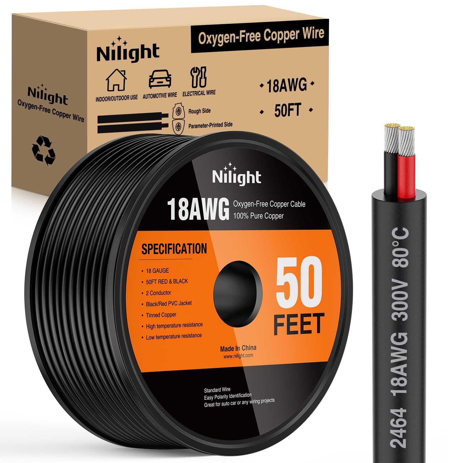 Nilight 50FT 18AWG Oxygen-Free Copper Wire Red Black Electrical Wire Stranded PVC Cord 2 Conductor Parallel 300V DC Flexible Extension Cords for LED Strips Lamps Lighting