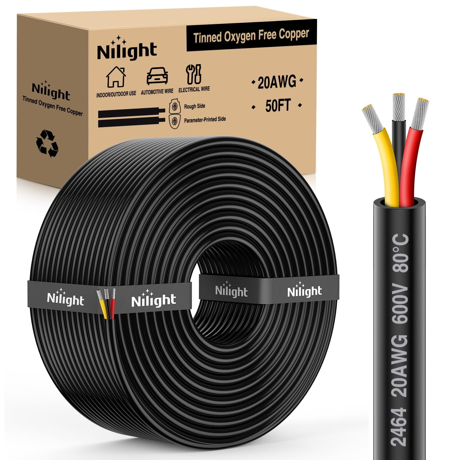 Nilight 50FT 20 Gauge 3 Conductor Electrical Wire Tinned Oxygen