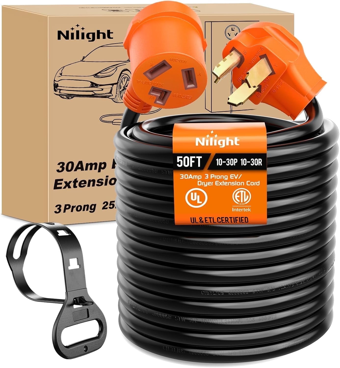Nilight 50FT EV Dryer Extension Cord 3 Prong 30 Amp NEMA 10-30P 10-30R Old Dryer Extension Cable Heavy Duty 10 Gauge Pure Copper Wire UL Listed 125/250V for Level 2 EV Charging