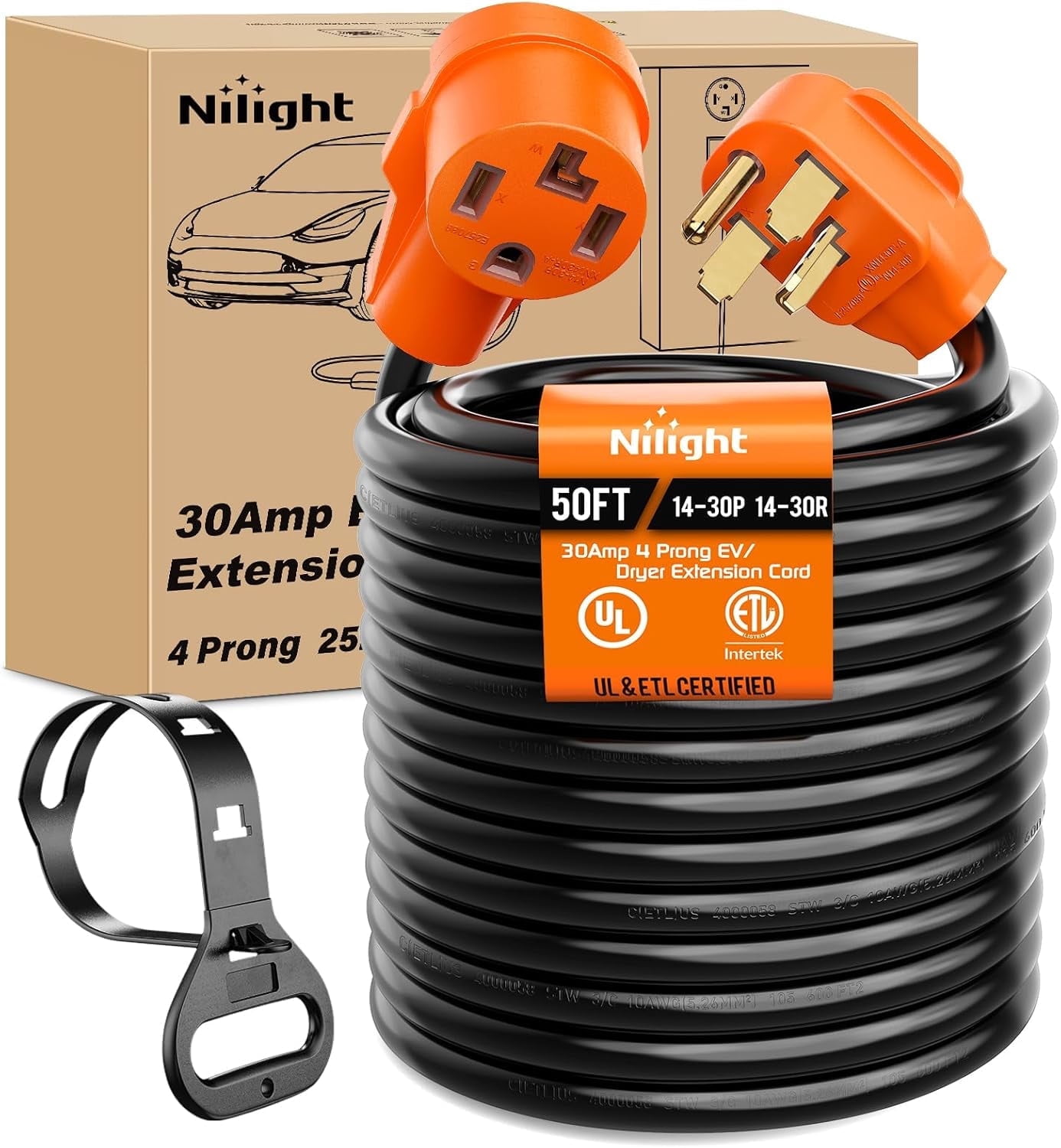 Nilight 50FT EV Dryer Extension Cord 4 Prong 30 Amp NEMA 14-30P 14-30R Old Dryer Extension Cable Heavy Duty 10 Gauge Pure Copper Wire UL Listed 125/250V for Level 2 EV Charging
