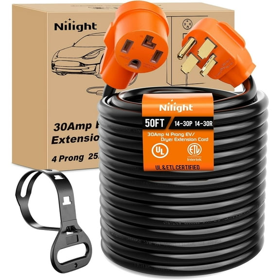 Nilight 50FT EV Dryer Extension Cord 4 Prong 30 Amp NEMA 14-30P 14-30R Old Dryer Extension Cable Heavy Duty 10 Gauge Pure Copper Wire UL Listed 125/250V for Level 2 EV Charging