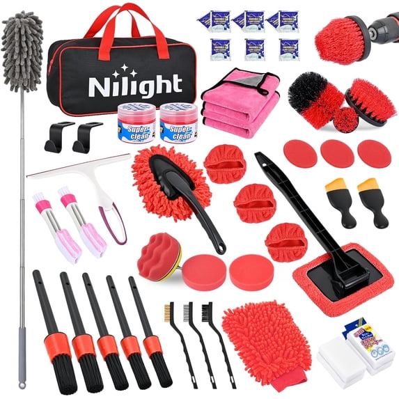 Nilight 52PCS Car Detailing Kit Auto Cleaning Tools Wash Set with Storage Carry Bag Home Use for Interior Exterior Deep Clean Polish Car Care Windshield Dashboard Seat Air Vents Wheels Tires, Red