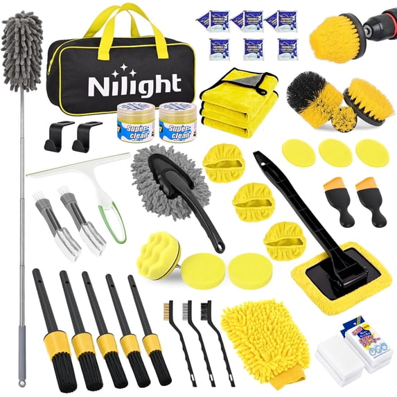 Nilight 52PCS Car Detailing Kit Auto Cleaning Tools Wash Set with Storage Carry Bag Home Use for Interior Exterior Deep Clean Polish Car Care Windshield Dashboard Seat Air Vents Wheels Tires, Yellow