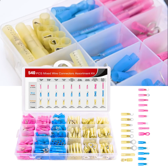 540Pcs Shrink Disconnect Connector Waterproof Car Marine Electrical Connector Kit Ring Fork Hook Spades Butt Joints