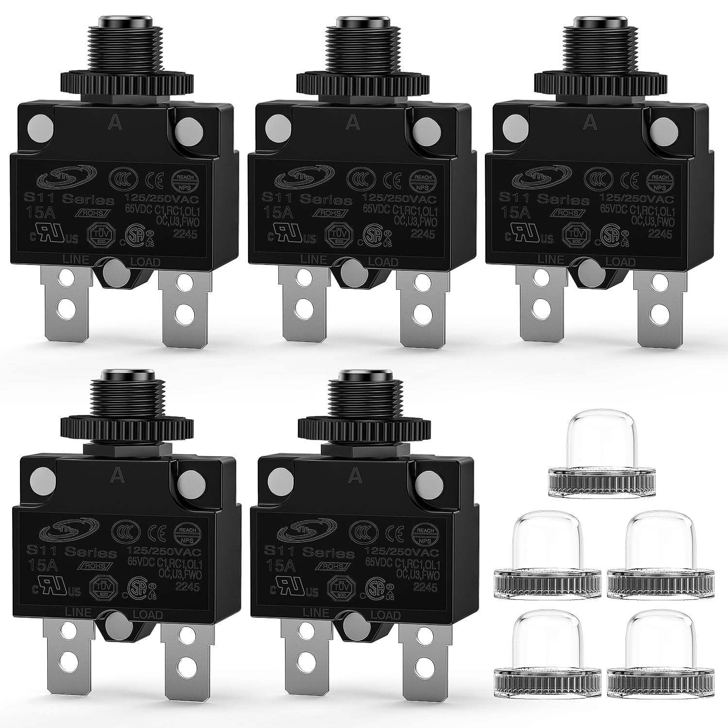 Nilight 5PCS 15 Amps Thermal Circuit Breaker 125/250V AC 65V DC Push Button Manual Reset Thermal Overload Protector Waterproof Cap Auto Trip Resettable for Industrial 12-24V Auto Cars