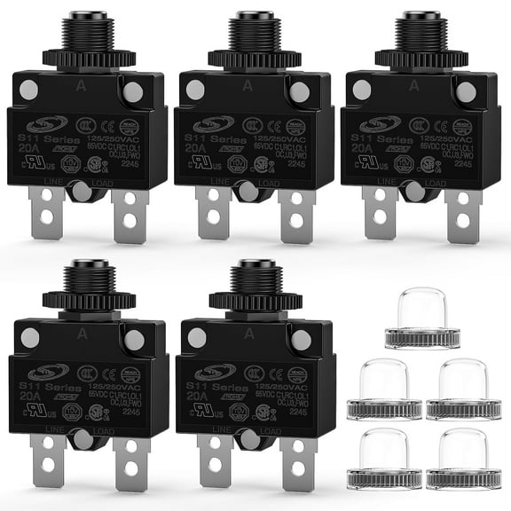 Nilight 5PCS 20 Amps Thermal Circuit Breaker 125/250V AC 65V DC Push Button Manual Reset Thermal Overload Protector Waterproof Cap Auto Trip Resettable for Industrial 12-24V Auto Cars