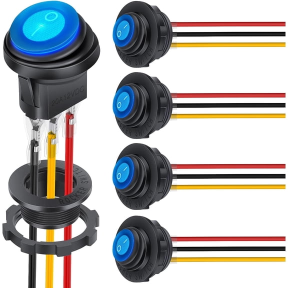 Nilight 5PCS Waterproof Round Rocker Switch w/Wiring Harness Switches Holder 12V 24V Blue LED Lighted On Off Toggle Shell SPST 3Pin for Switch Panel Car RV Trucks Marine Boats