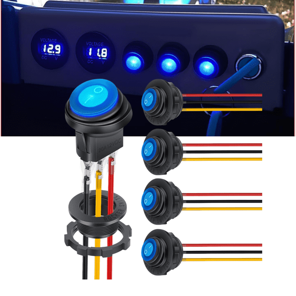 Nilight 5PCS Waterproof Round Rocker Switch w/Wiring Harness Switches Holder 12V 24V Blue LED Lighted On Off Toggle Shell SPST 3Pin for Switch Panel Car RV Trucks Marine Boats