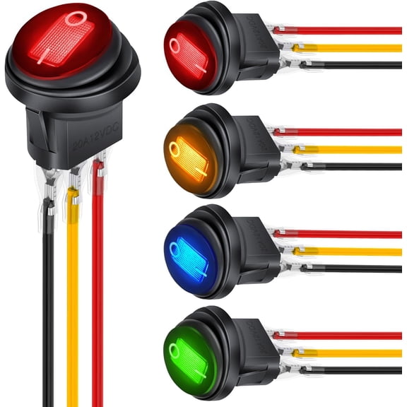 5Pcs Waterproof Rocker Toggle Switch 3Pin 12V 20A ON/Off Blue Green Red Yellow LED Lighted Round SPST with Pre-soldered Wires for Car Auto Boat Trucks