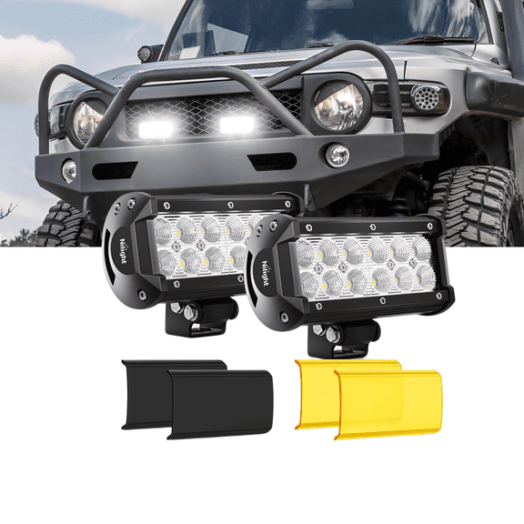 Nilight 6.5 Inch LED Flood Light Bar 2PCS 36W with Yellow & Black Covers, IP67 Wide Beam Auxiliary Lights for Truck SUV ATV UTV Pickup Boat Camper