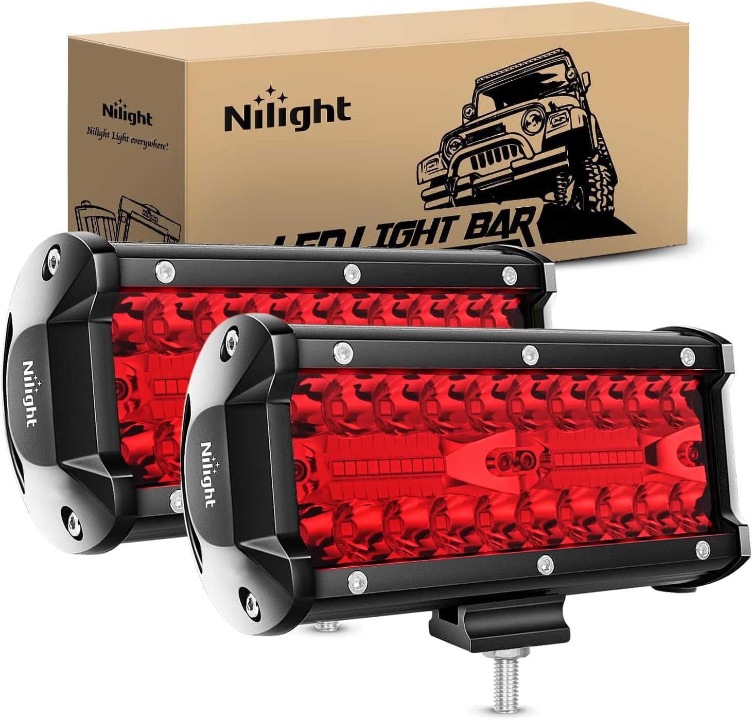 Nilight 6.5" Led Light Bar Pod Red Triple Row 2Pcs 120W Flood Spot Combo Driving Fog Lights Fishing Hunting Emergency Safety Signal Deck Trailer Lights for UTV Pick-up Van Boat Tractor