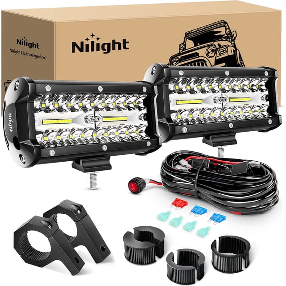Nilight 6.5Inch 2PCS 120W Spot Flood Combo Bar Driving Waterproof Off Road Led Light with Mounting Bracket Kit Wiring Harness-2 Leads