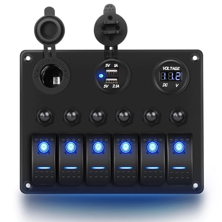 Nilight 6 Gang 5 Pin ON/Off Toggle Rocker Switch Panel with 12V-24V LED Digital Voltmeter 3.1A Dual USB Cigarette Lighter Socket Overload Protection For RV Truck Boat SUV, 2 Years Warranty