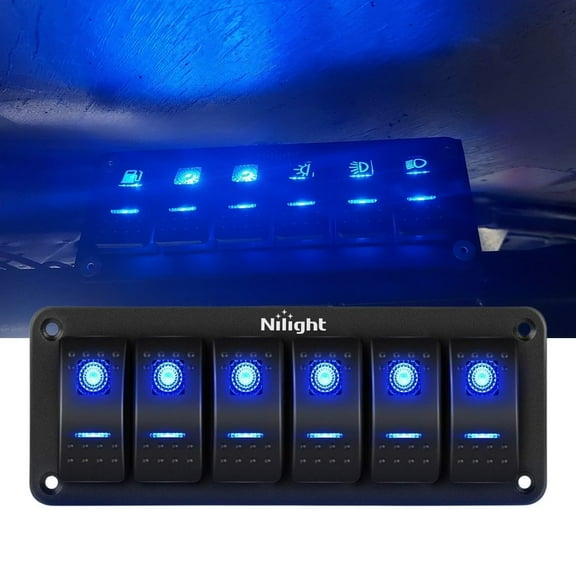 Nilight Marine Aluminum Pre-Wired Rocker Switch Panel with Blue Backlit Toggle Switch for Vehicles