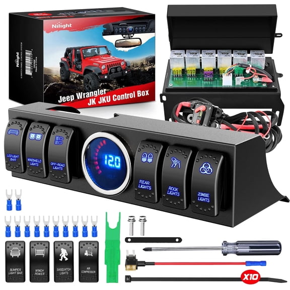 Nilight 6 Gang Rocker Switch 12V Panel Relay Box Circuit Control System with 80A Breaker Covers and Removals for Jeep Wrangler JK JKU 2007-2018