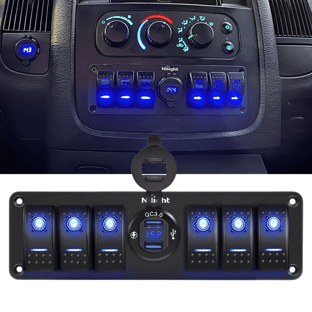 6 Button Rocker Switch Cluster Nilight 6 Gang Rocker Switch 12V SPST on off Switch QC 3.0 USB Charger ...