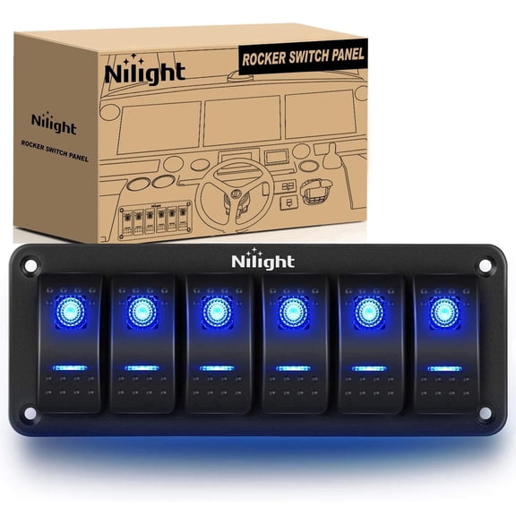 Nilight- 6 Gang Aluminum Rocker Switch Panel Toggle Dash 5 Pin ON/Off Pre-Wired Rocker Switch Blue Backlit Switch for Automotive Car Marine Boat RV,2 Years Warranty