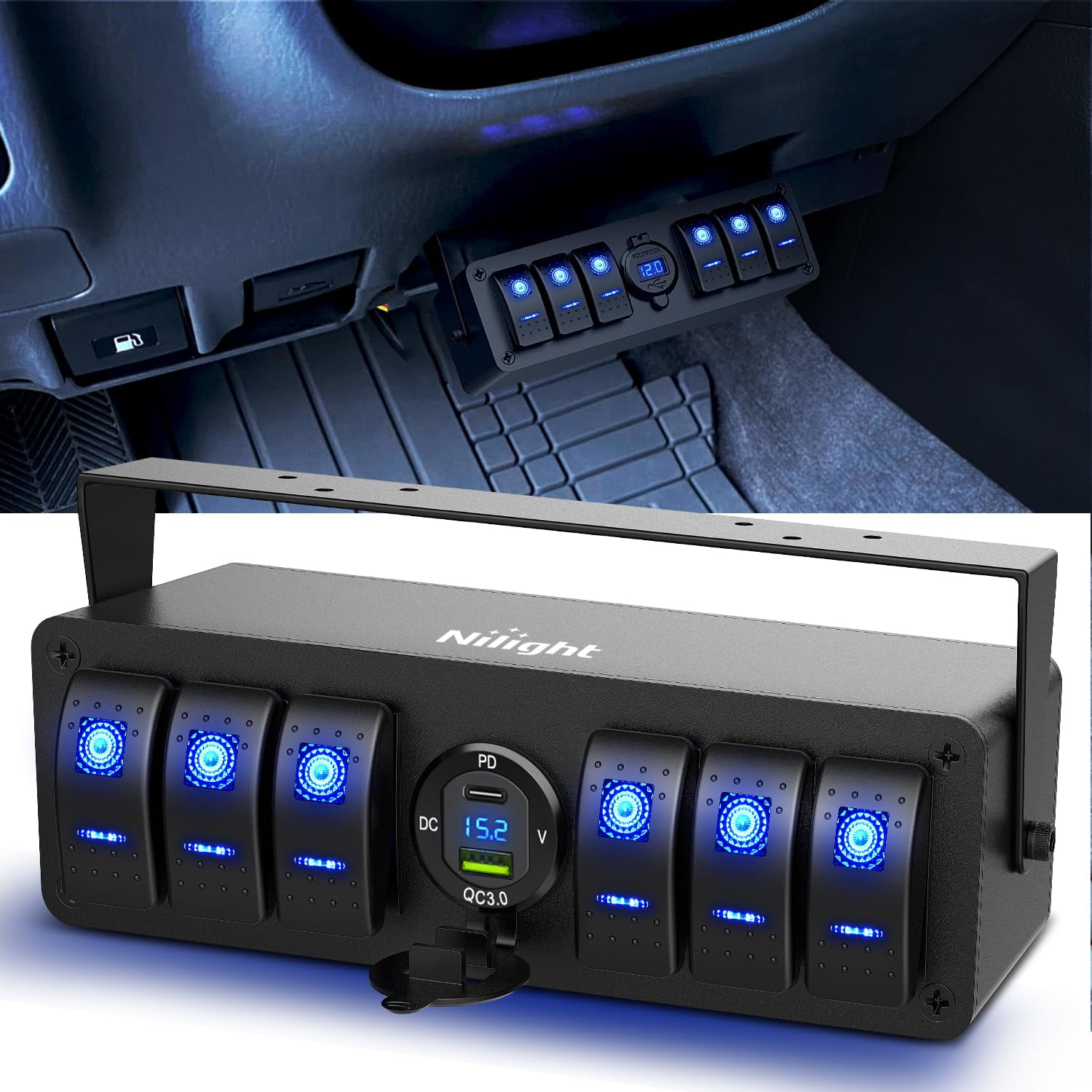 Nilight 4-Gang Rocker Switch Panel With USB & Voltmeter - 12V/24V For Cars, Trucks, RVs - Red Glow