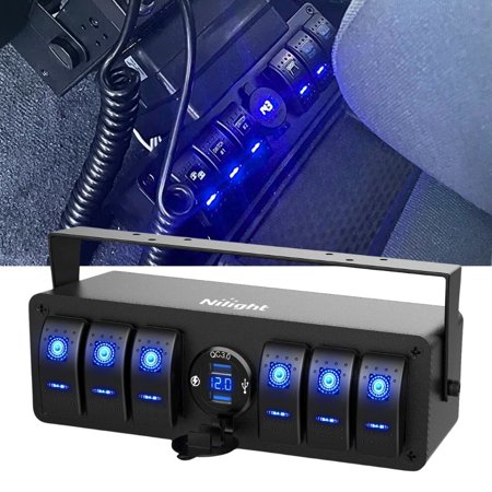 Nilight 6 Gang Rocker Switch Box 12V SPST ON Off Switch QC 3.0 USB Charger Voltmeter Waterproof Aluminum Rocker Switch Panel Night Glow Stickers for Boats Cars RVs Trucks,Blue