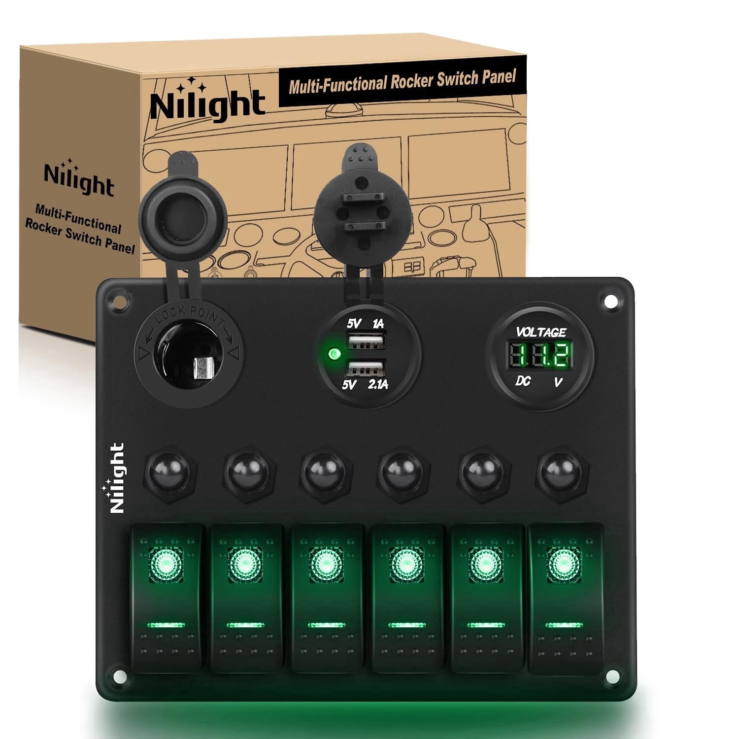 Nilight - 6 Gang ON Off Rocker Switch Panel Green Backlit 12V24V LED Digital Voltmeter Dual USB Charger Cigarette Lighter Socket Overload Protection Switch Panel For Cars RVs Boats