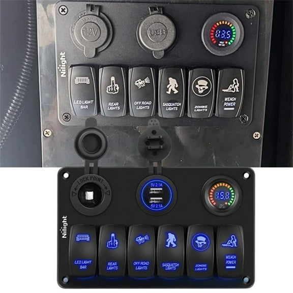 Nilight 6 Gang Rocker Switch Panel Laser Etched Aluminum LED Light Bar with Cigarette Lighter and Dual USB Charger Voltmeter for 12V-24V Car Trailer UTV Boat RV Camper