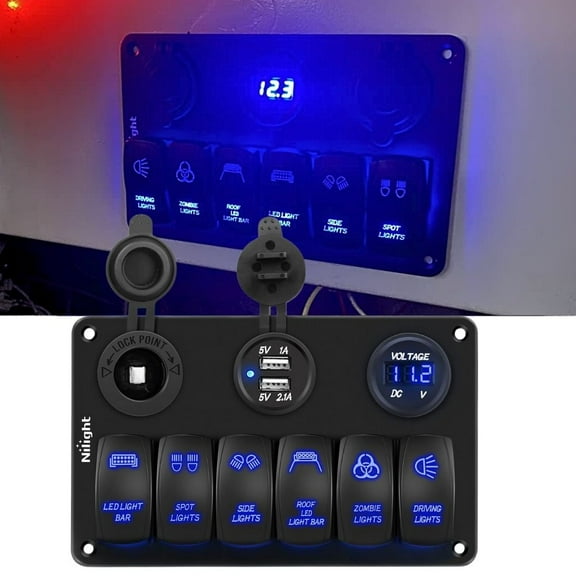 Nilight 6 Gang Rocker Switch Panel Laser Etched Aluminum Panel Waterproof Light Bar Switch Cigarette Lighter Dual USB Voltmeter for 12V 24V Cars