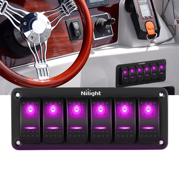 Nilight 6 Gang Rocker Switch Panel Purple LED 5 Pin SPST ON Off Pre-Wired Waterproof Aluminum 12V 24V for Car Boat RV ATV Truck